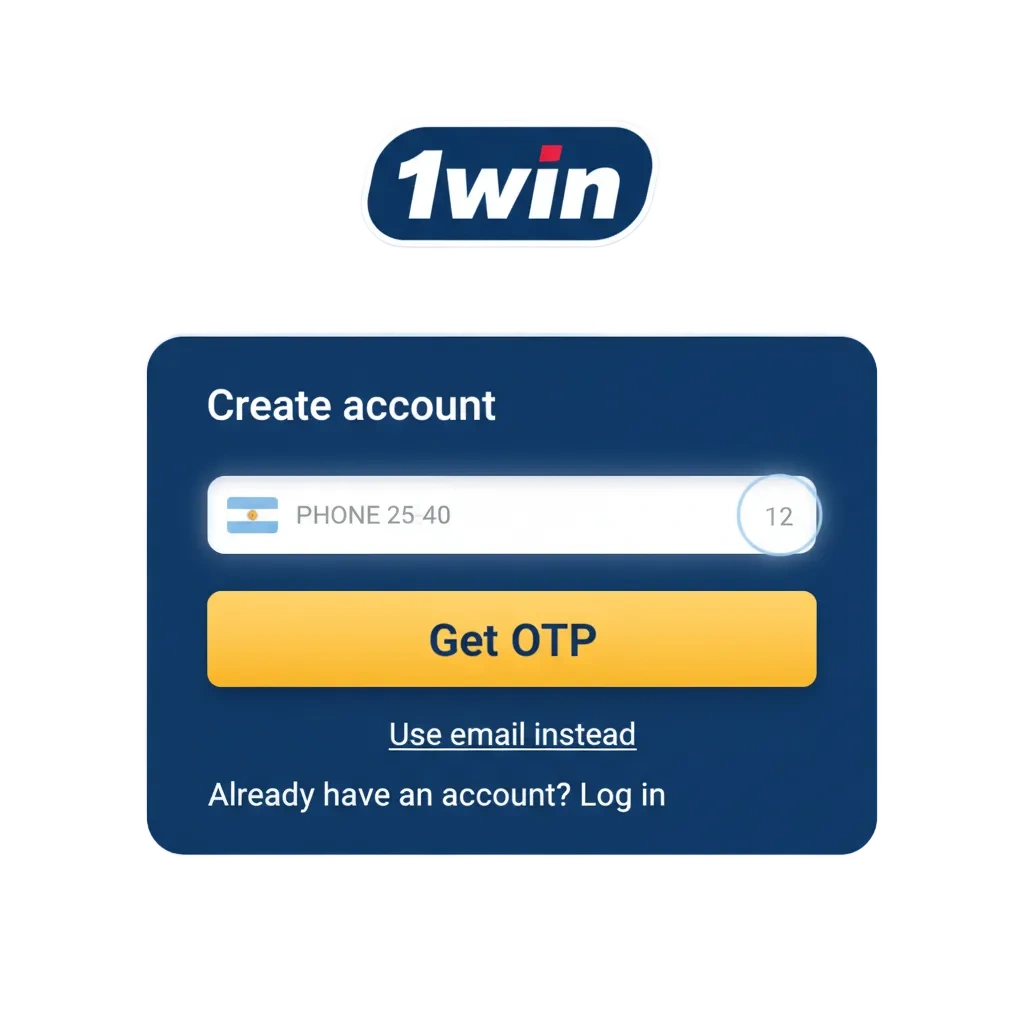 Pantalla de 1win con registro, inicio de sesión y verificación; casino y apuestas en Argentina; bono 100% primer depósito